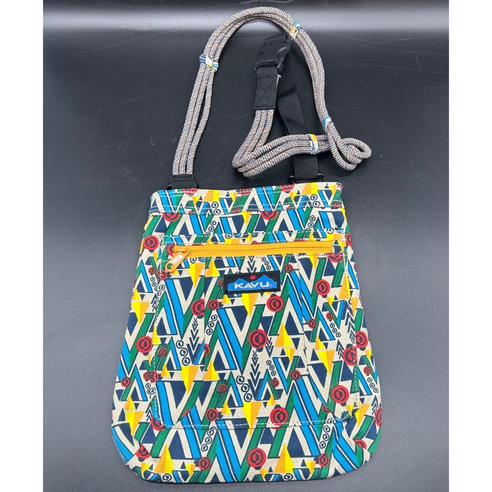 Kavu Keepalong Crossbody Purse Geometric‎ Blue Yellow Adjustable Rope Strap Mint